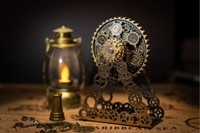 Wheel beside an antique lantern